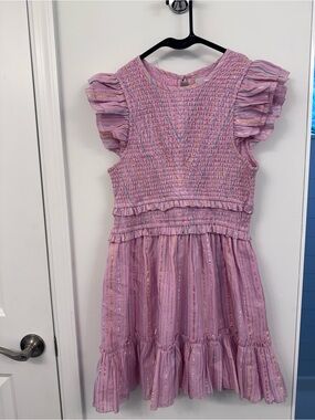SAYLOR Zinnia Dress in Lurex Stripe -Pink Smocked Ruffle Sleeve Dress
